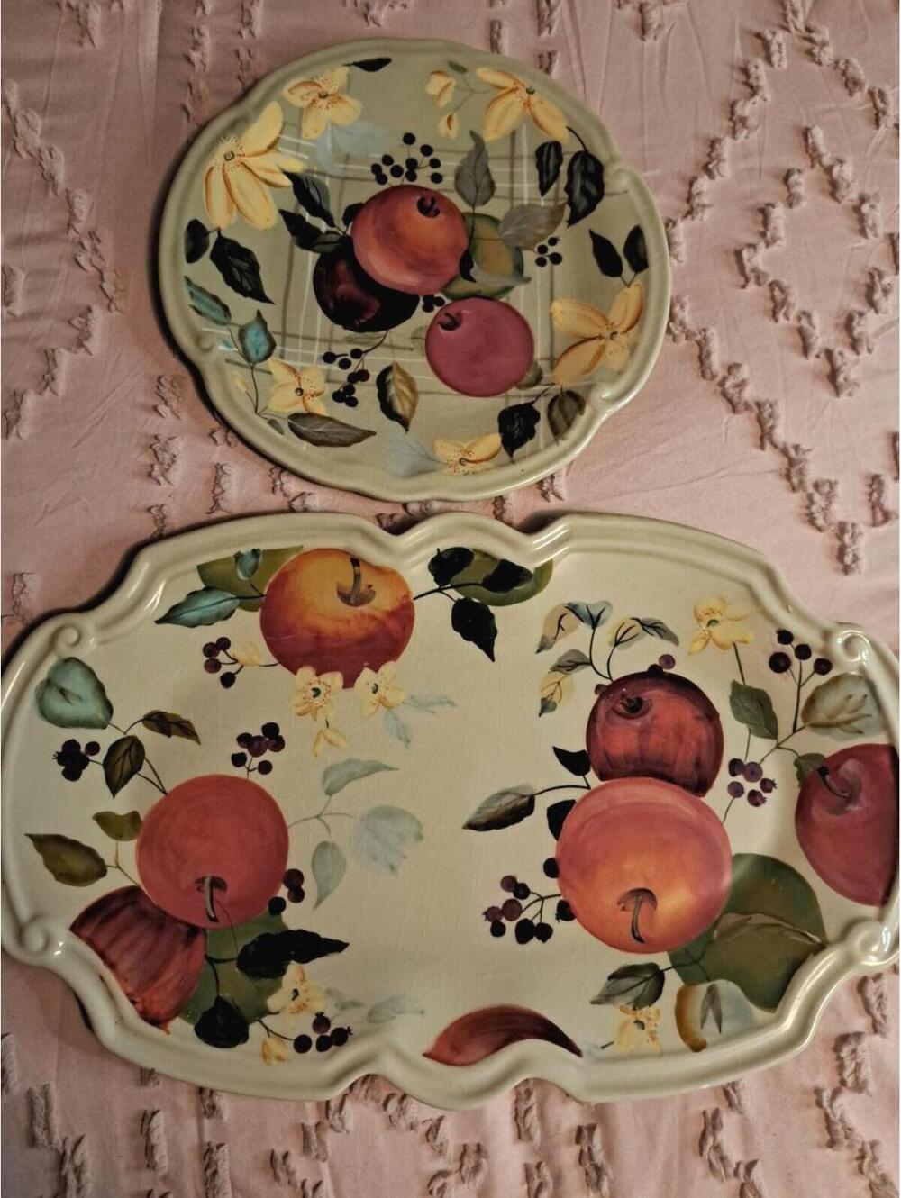 2 Pc Tracy Porter Fruitful Tapestry Hand-painted 9" Plate, 14" Serving Platter